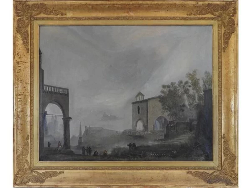 Paesaggio lacustre con architetture e personaggi